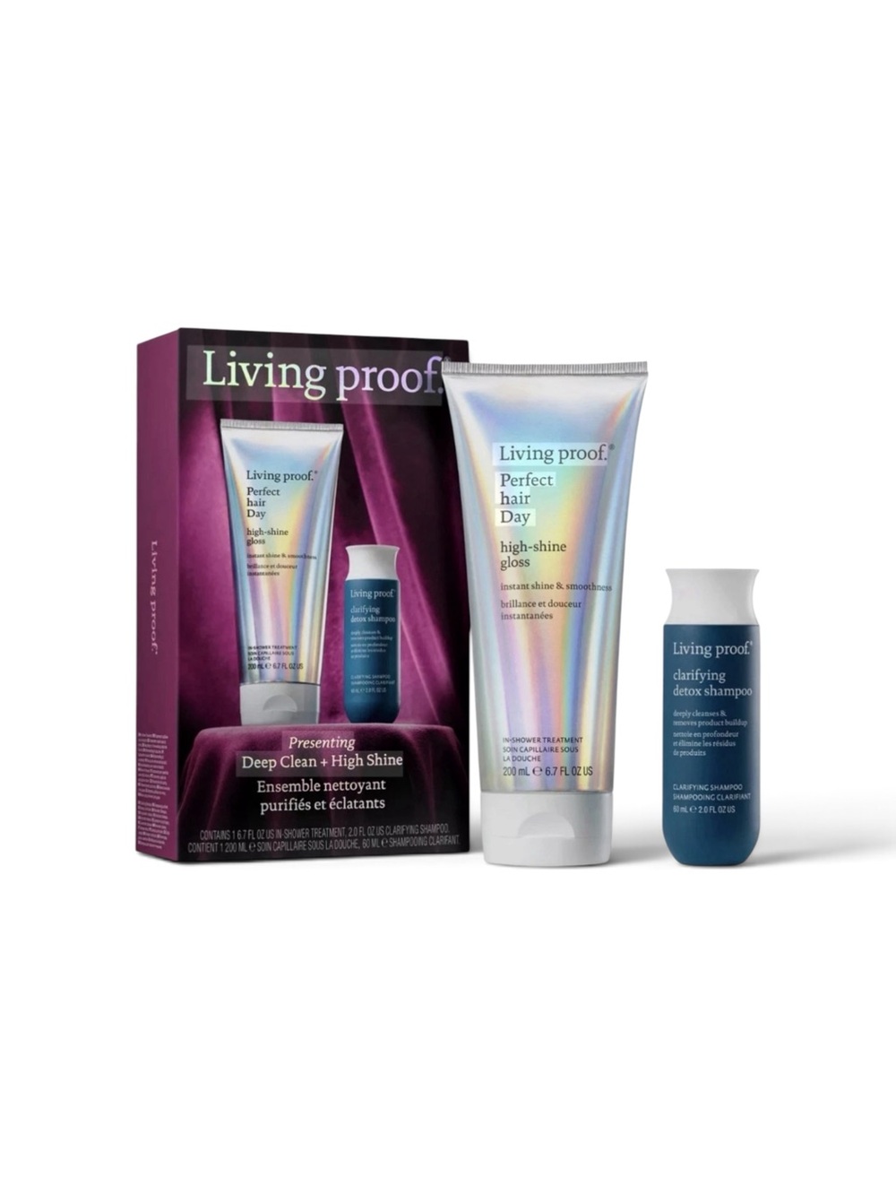 Living Proof Deep Clean + High Shine Set Perfect Hair Day Gloss & Detox Shampoo.